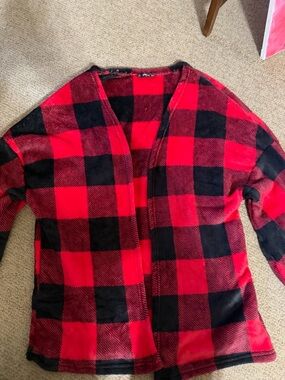 SHEIN Red and Black Buffalo Plaid Open-Front Teddy Jacket